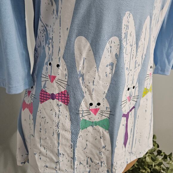 Blue Easter Bunny Print Women's Top Small Artsy Painted Spring T Shirt Casual - Picture 6 of 13